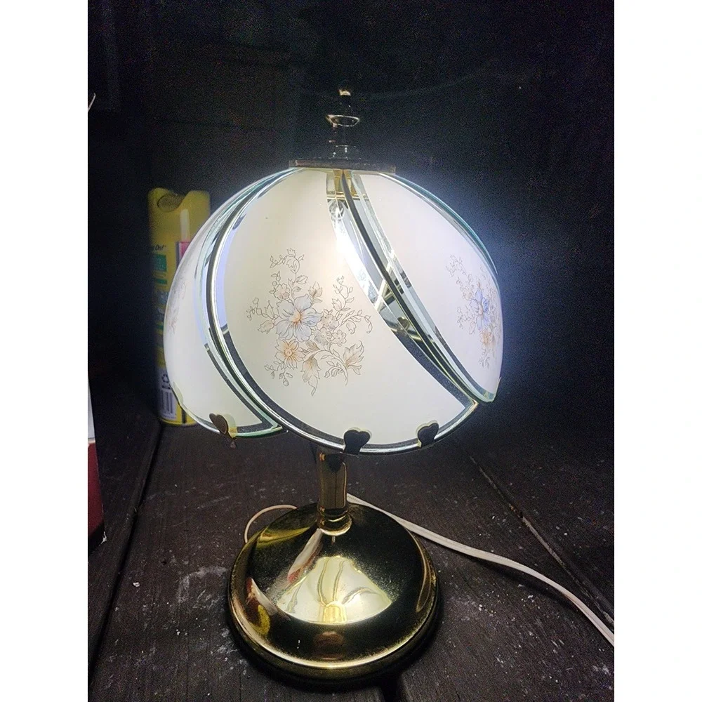 Vintage Cheyenne Blue Floral 3 Way Touch Lamp 6 Glass Panel Brass Base 11